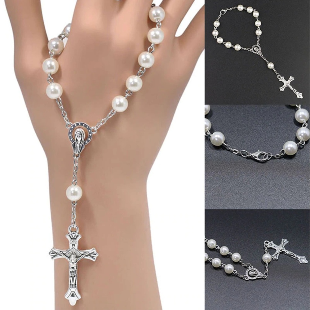 Religious Holy Cross & Pearl Slave Chain Bracelet